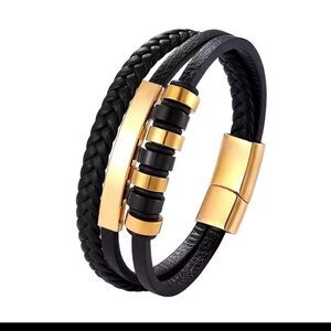 Elegant Black Leather Bracelet with Gold